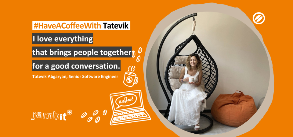 Woman in a white dress sitting with a coffee mug in a black hanging chair, orange beanbag and quote about conversations.