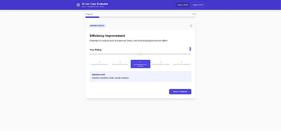 Das jambit AI Use Case Canvas bewertet mittels Fragebogen, wie lohnenswert KI-Projekte von Unternehmen sind. Das Bild zeigt den Faktor Efficiency Improvement, das auf einer 5-stufigen Skala angegeben wird.