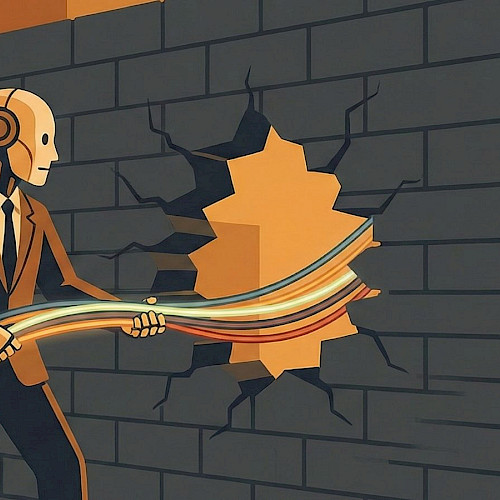 Ein Roboter im Business-Anzug zieht bunte Kabel durch ein Loch in einer grauen Mauer, was symbolisch für Schatten-IT und pragmatische Problemlösung in Unternehmen steht.