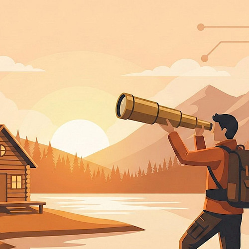 ine Gruppe von Abenteurern blickt durch ein großes Fernrohr auf eine Blockhütte am See im Sonnenaufgang, als Metapher für strategische Zukunftsplanung und das finnische Modell der Zuversicht.
