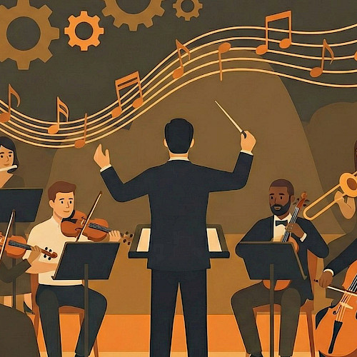 Ein Dirigent leitet ein Orchester auf einer Bühne, was symbolisiert, wie Führung und klare Hierarchien in der Unternehmenstransformation für Struktur und harmonisches Zusammenspiel sorgen.