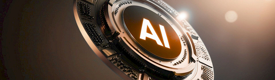 Futuristisches, schwebendes Metallobjekt in Kreisform mit leuchtendem „AI“-Schriftzug