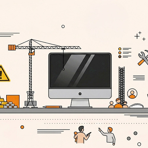 Illustration eines Computers mit Baustellenkran und Symbolen für Zusammenarbeit, Entwicklung und Prozesse – sinnbildlich für die Modernisierung und Transformation von IT-Systemen.