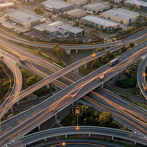 Luftaufnahme eines Autobahnkreuzes mit vernetzten Fahrzeugen und visualisierten Datenströmen als Symbol für digitales Flottenmanagement und datengetriebene Mobilität