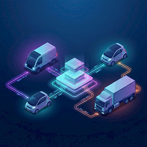 Isometrische Illustration eines vernetzten Fahrzeugdaten-Ökosystems mit Fahrzeugen, Datenströmen und zentraler Datenplattform
