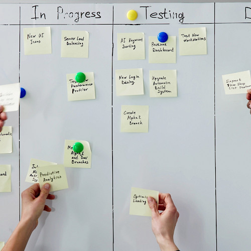Agiles Arbeiten: Das Bild zeigt verschiedene Post-its, die auf einem Kanban Board in die Spalten "To do", "In Progress", "Testing" und "Done" einsortiert sind.