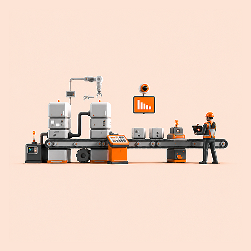 Illustration einer modernen Industrie-4.0-Produktionslinie mit Förderband, vernetzten Maschinen, Roboterarm und einem Mitarbeitenden mit Laptop zur digitalen Überwachung und Steuerung der Fertigung.