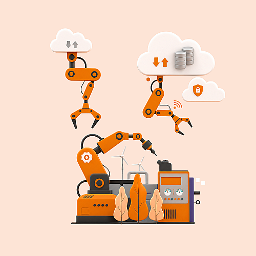 Illustration einer vernetzten Industrie-4.0-Umgebung mit automatisierten Roboterarmen, Cloud-Anbindung für Datenmanagement und IT-Sicherheit sowie einer digital gesteuerten Produktionsanlage zur intelligenten Fertigung.