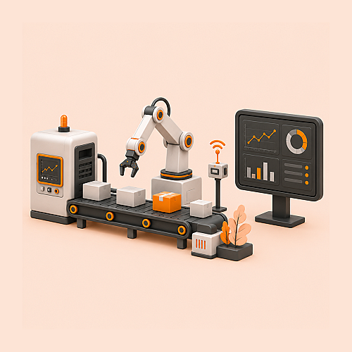 ndustrie-4.0-Produktionsanlage mit Roboterarm, Förderband und digitalem Dashboard zur Überwachung von Maschinenzustand und Produktionsdaten. Sensoren erfassen Betriebsdaten in Echtzeit, um Predictive Maintenance und Predictive Quality zu unterstützen.