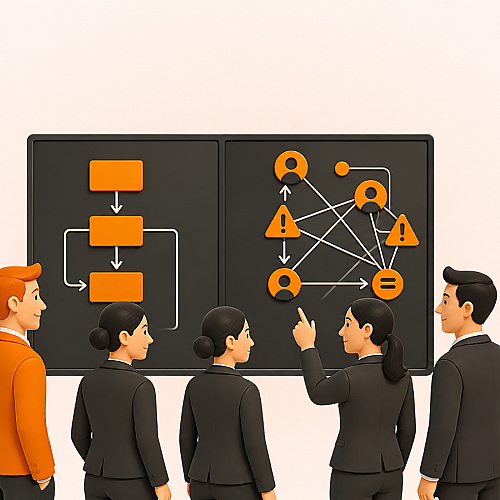 Team analysiert gemeinsam Prozessabläufe, Abhängigkeiten und komplexe Netzwerke auf digitalen Schaubildern.