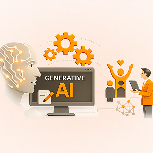 Generative AI und Mitarbeitendenengagement: Illustration zu künstlicher Intelligenz, Mitarbeitendenbindung und digitaler Zusammenarbeit im Unternehmen.