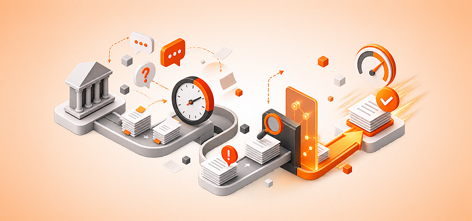 Digitaler Kreditprozess einer Bank mit Dokumentenprüfung, Rückfragen und Wartezeiten, der durch Automatisierung beschleunigt wird.