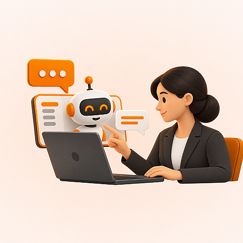 Mitarbeiterin nutzt einen KI-Assistenten am Laptop für digitale Kommunikation und automatisierte Unterstützung im Arbeitsalltag.