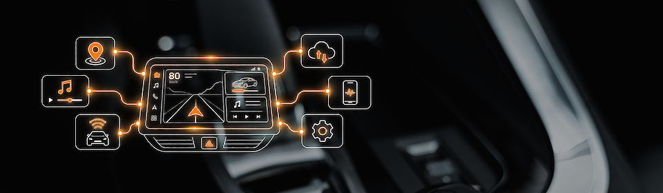 Vernetzte In-Car Software Platform mit Infotainment, Navigation, Fahrzeugfunktionen, Cloud-Services und mobilen Anwendungen.