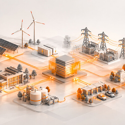 Isometrische 3D-Illustration eines intelligenten Energienetzes mit Windkraftanlagen, Solaranlagen, Stromspeichern und einer zentralen digitalen Steuerungsplattform.