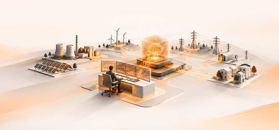 Isometrische 3D-Illustration eines Energieversorgungsnetzes mit Kraftwerken, Windrädern, Solaranlagen und Stromleitungen. Eine Fachkraft überwacht und steuert die vernetzte Infrastruktur mithilfe künstlicher Intelligenz.