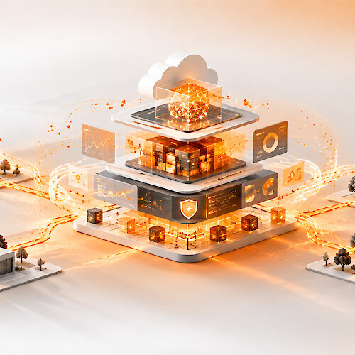 Isometrische 3D-Illustration einer vernetzten Energieinfrastruktur mit Windkraft, Solaranlagen, Industrie und Wohngebäuden. Im Zentrum verbindet eine mehrschichtige Cloud- und AI-Plattform Daten, IT-Architektur und Sicherheitslösungen durch orange leuchtende Datenströme.