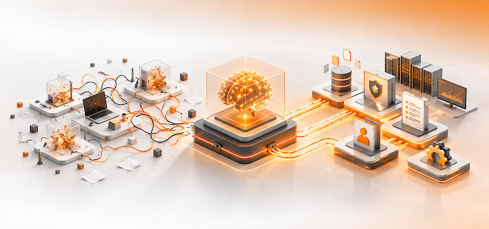 Isometrische 3D-Illustration einer AI-Plattform: Links ungeordnete Pilotprojekte mit komplexen Datenverbindungen, rechts eine strukturierte Integration mit Datenmanagement, Security, menschlicher Kontrolle und IT-Betrieb. Orange leuchtende Datenströme symbolisieren den Übergang vom AI-Experiment zum produktiven Einsatz.